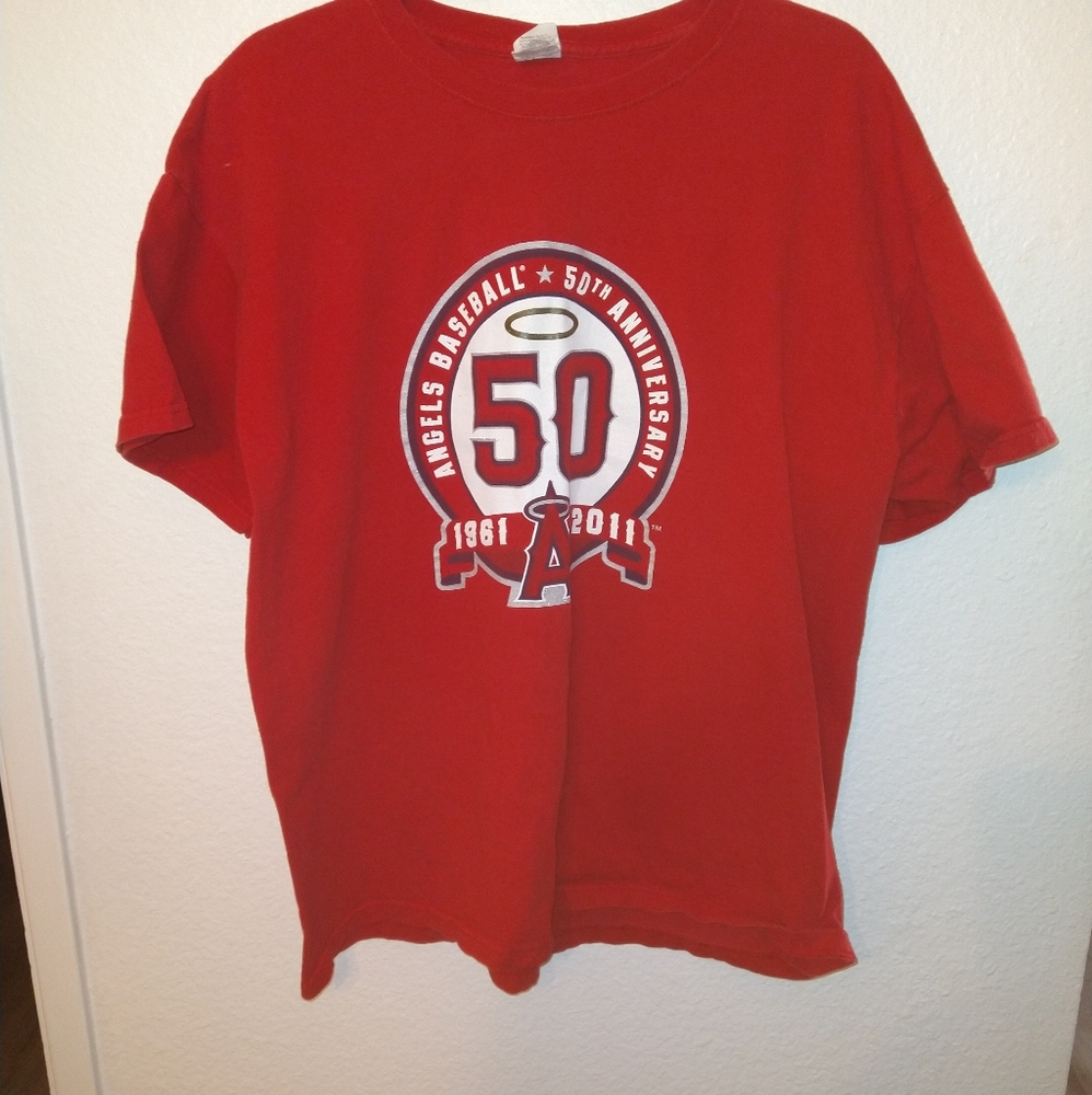 Mlb angels 50th anniversary 2011 t shirt in red sz xl and team players listed